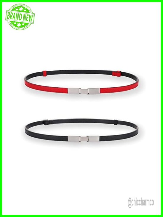 Genuine Leather Skinny Belt Adjustable Silver Plaque Buckle Waistband 0.5\